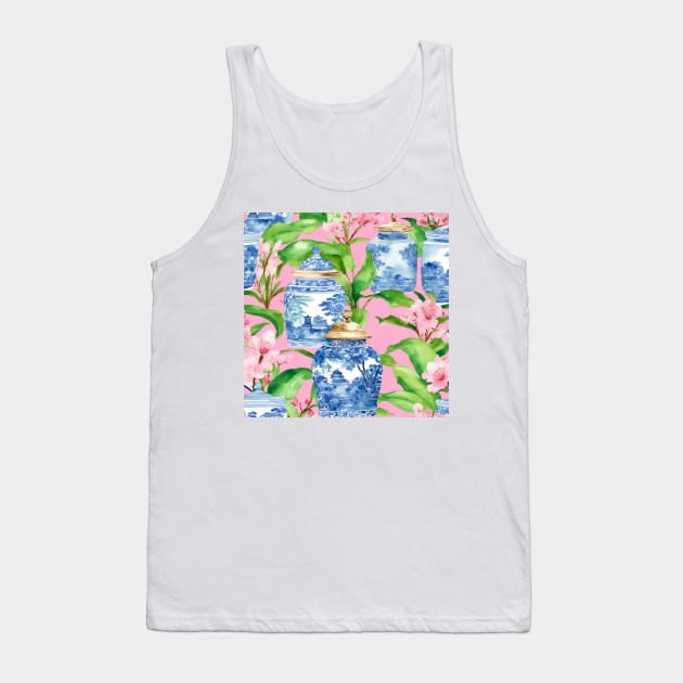 Chinoiserie jars and banana leaves on pink Tank Top by SophieClimaArt